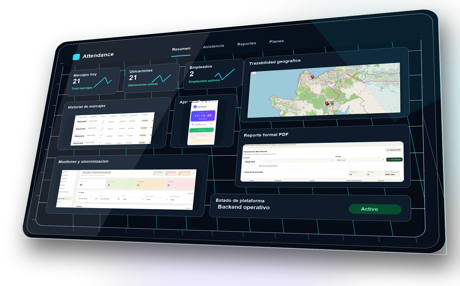 Panel premium en perspectiva de Attendance con métricas, mapa, móvil, reportes y monitoreo