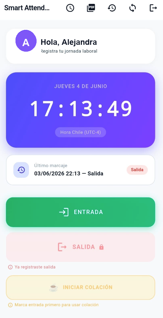 Pantalla móvil completa de Attendance para registrar jornada laboral