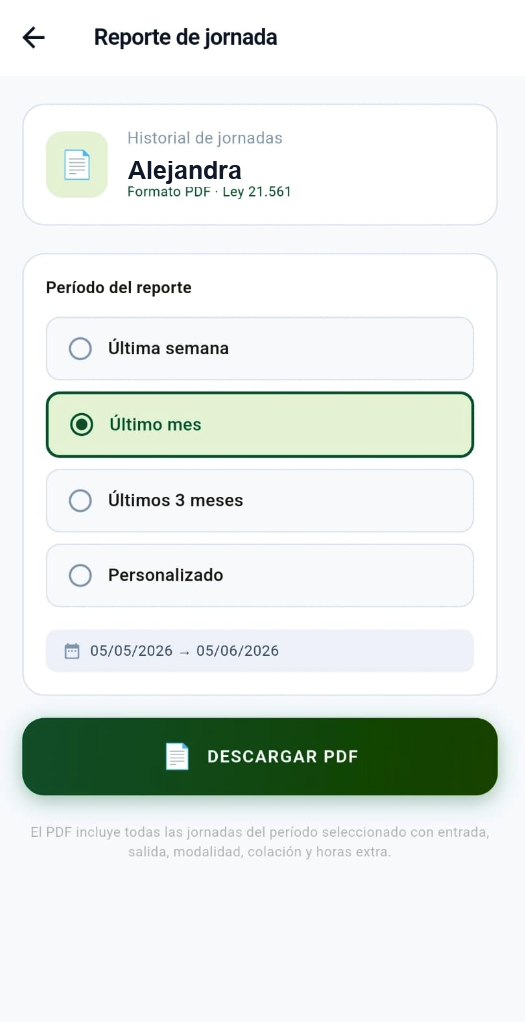 Pantalla móvil de reporte de jornada en Attendance